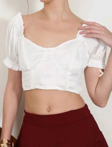 White Crop Top with Puff Sleeves