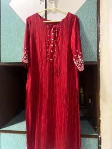 Long Red kurti with white embroidery