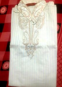 Light Sea Green Color Men&#39;s Cotton Kurta With Embroidery On Collar and Neck