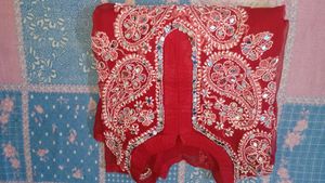 Red Mirror Work Chikankari Embroidered Kurti