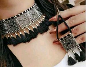 Silver Boho Choker &amp; Tassel Earring Set