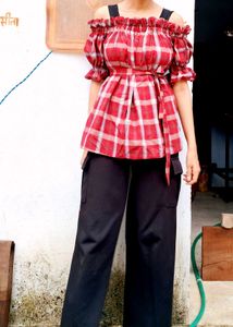 Red Plaid Off-Shoulder Top