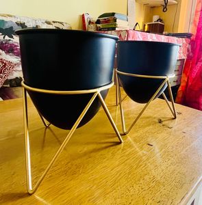 SET OF TWO Black Metal Planter With Gold Stand