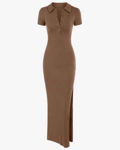 Brown Ribbed Polo Maxi Dress