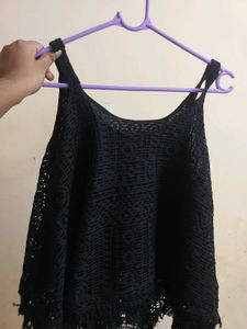 Black Crochet Tank Top with Fringe