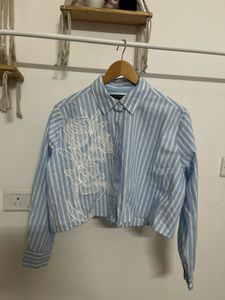 FRENCH CONNECTION Blue Stripe Crop Shirt