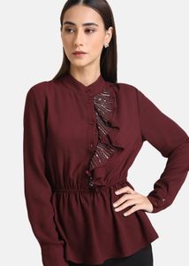 Maroon Tie-Up Neck Embellished RuffleCinched