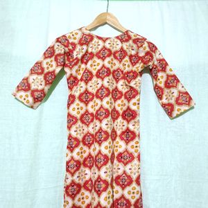 Cream And Red Foil Printed Kurti