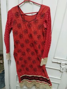 Pakistani Red Cotton Embroidered Kurta