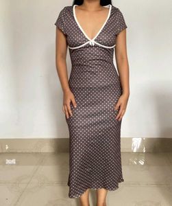Brown Polka Dot Neck Dress Midi