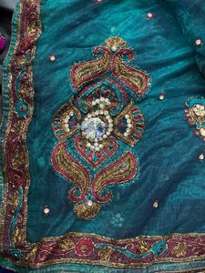 Emerald Green Embroidered Sari Fabric