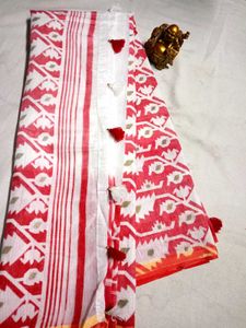 Red & White Cotton Jamdani Saree