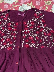 Burgundy Embroidered Button-Up Dress