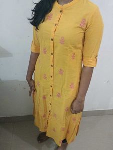 Yellow Embroidered Button-Down Kurti