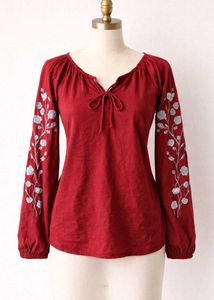 Red Embroidered Long Sleeve Top