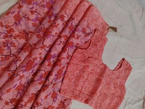Pink Floral Saree With Stitch Blouse (M Size)