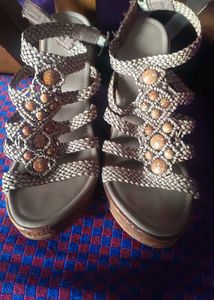 Braided Wedge Sandals with Stone Accents