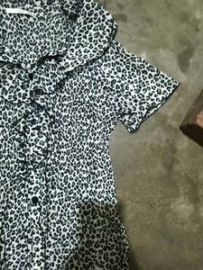 Pleated Ruffle Neck Animal Print Top