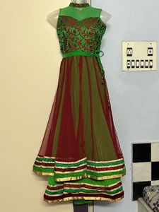 Green &amp; Maroon Anarkali Dress