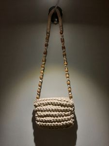 Hand Made Macrame Thread Off-white With Beads Handle Sling Bag