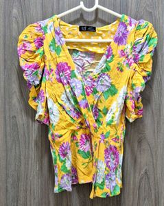 Floral Puff Sleeve Wrap Top