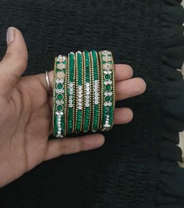 Bangles with Green And White Stones