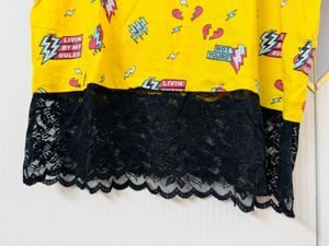 Max- Yellow Graphic Tee with Lace Hem