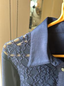 Lace Front Midnight Blue Button Down Blouse