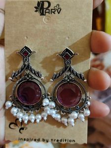 Parv Purple Stone &amp; Pearl Drop Earrings