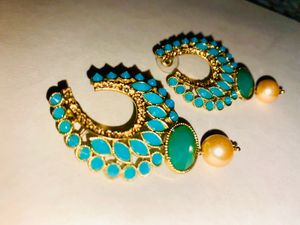 Teal &amp; Gold Statement Earrings