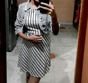 Denim Jacket And White Lined Skirt One Piece