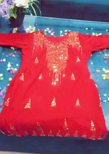 Red Embellished Kurta
