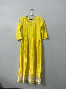 Yellow Embroidered Kurta with Lace Trim