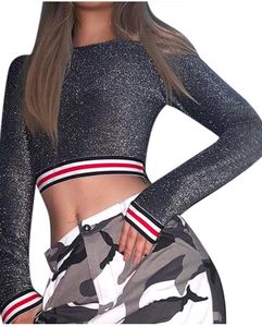 Long Sleeve Crop Glitter Sequins T-shirt(Women's)