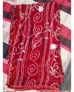 Red Bandhani Saree with Silver Accents