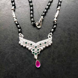 Pure Silver Beautiful Green &amp; Pink CZ Mangalsutra