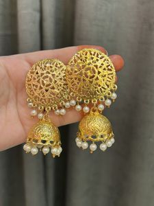 Golden Jhumka Earrings with Pearls