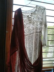 Tan Kurta Set With Duppata+White One