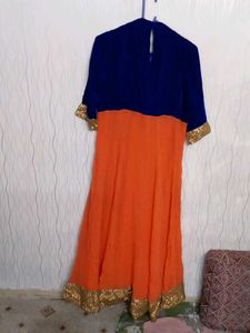 Elegant Blue &amp; Orange Ethnic Gown