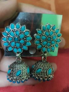 Turquoise Blue And Light Pink Jhumkas