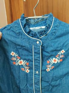 MONOPRIX Women Denim Embroidered Top (Small Size)
