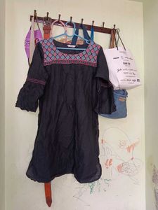 Embroidered Detail Black Tunic Dress