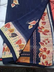 Dark Blue And Orange Red Floral Saree