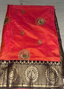 Coral Pink–Orange Silk Saree with Navy Blue Border