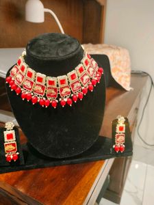 Fix Price Red & Gold Indian Jewelry Set With Mangt