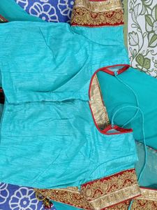 Teal Blue &amp; Gold Embellished Saree