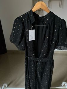 Metallic Polkadot Puff Sleeve Midi Dress