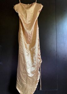Golden Satin Slit Cowl Neck Dress