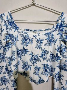 Blue And White Floral Print Long Sleeve Top