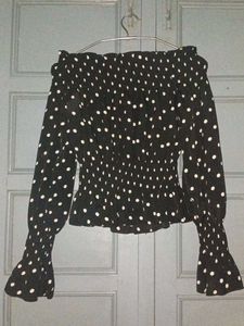Polka Dot Long Sleeve off Shoulder Top